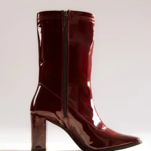 block heel front zip solid mid calf boots in cherry