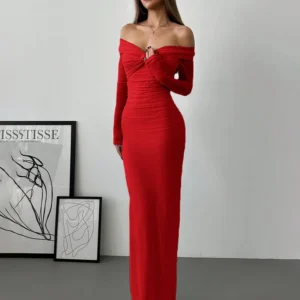 off shoulder mesh ruched fitted dress with long sleeve in dark red