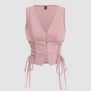party v neck lace up side vest top in pink