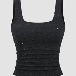 square neck ruched sleeveless stretch tank top in black