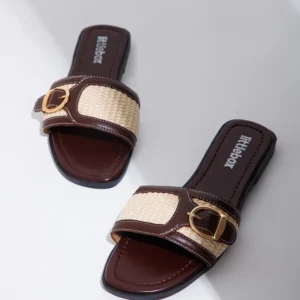 brown & beige colorblocked buckle strap sandals